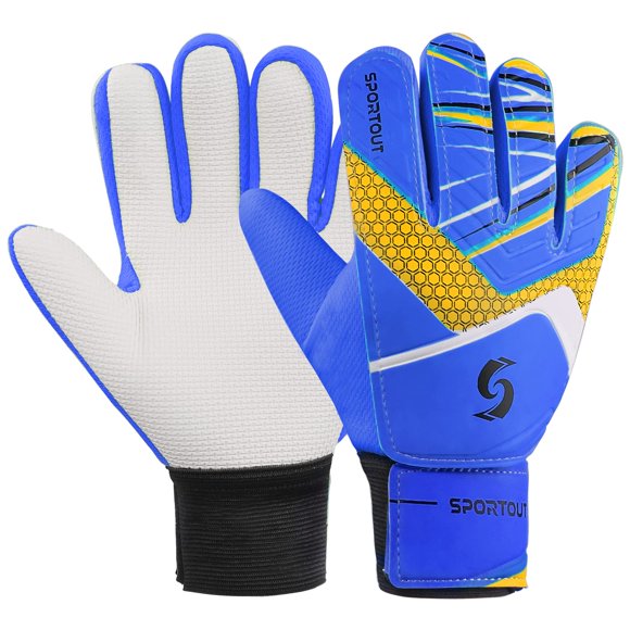 Sportout Guantes de Portero para Niños Guantes de Fútbol con Doble Protección para la Muñeca y Material de Látex Antideslizante Resistente al Desgaste para Prevenir Lesiones (Azul Talla 6 Adecuado par