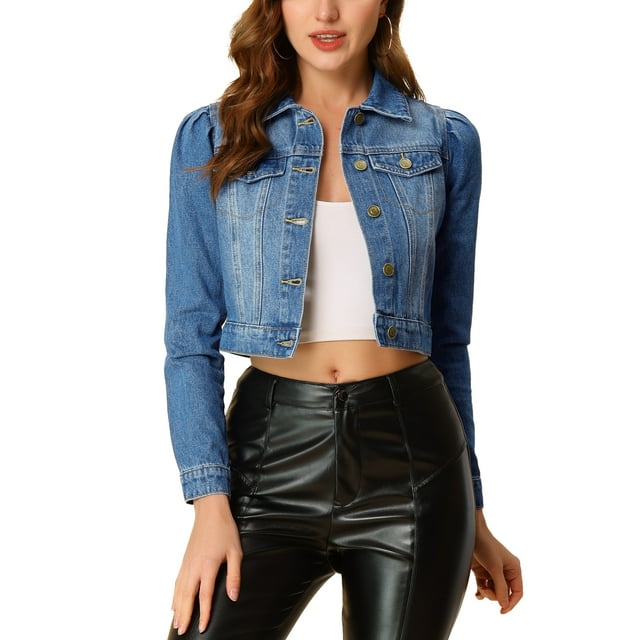 INSPIRE CHIC Veste en Denim Courte Classique Décontractée pour Femme à Manches Bouffantes Boutonnée S Bleu