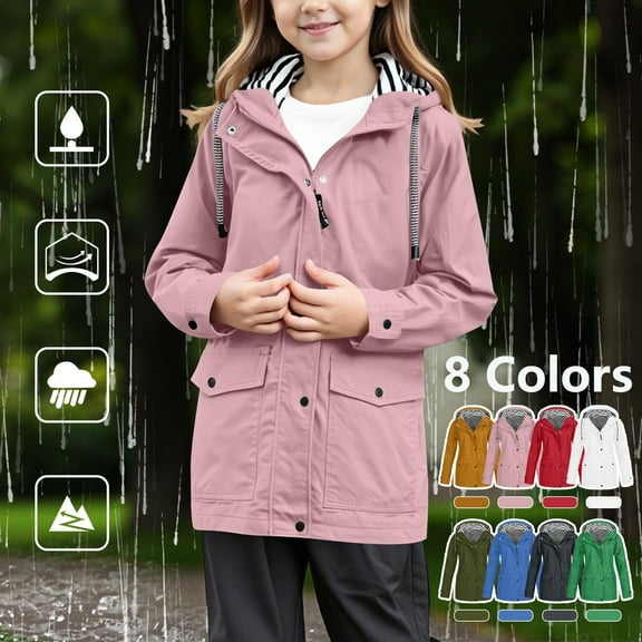 MKOSPLRT Kids Rain Jacket with Hood 5-16Y Waterproof Windbreaker Travel Jacket Full Zip Long Sleeve Solid Rain Jackets with Pocket