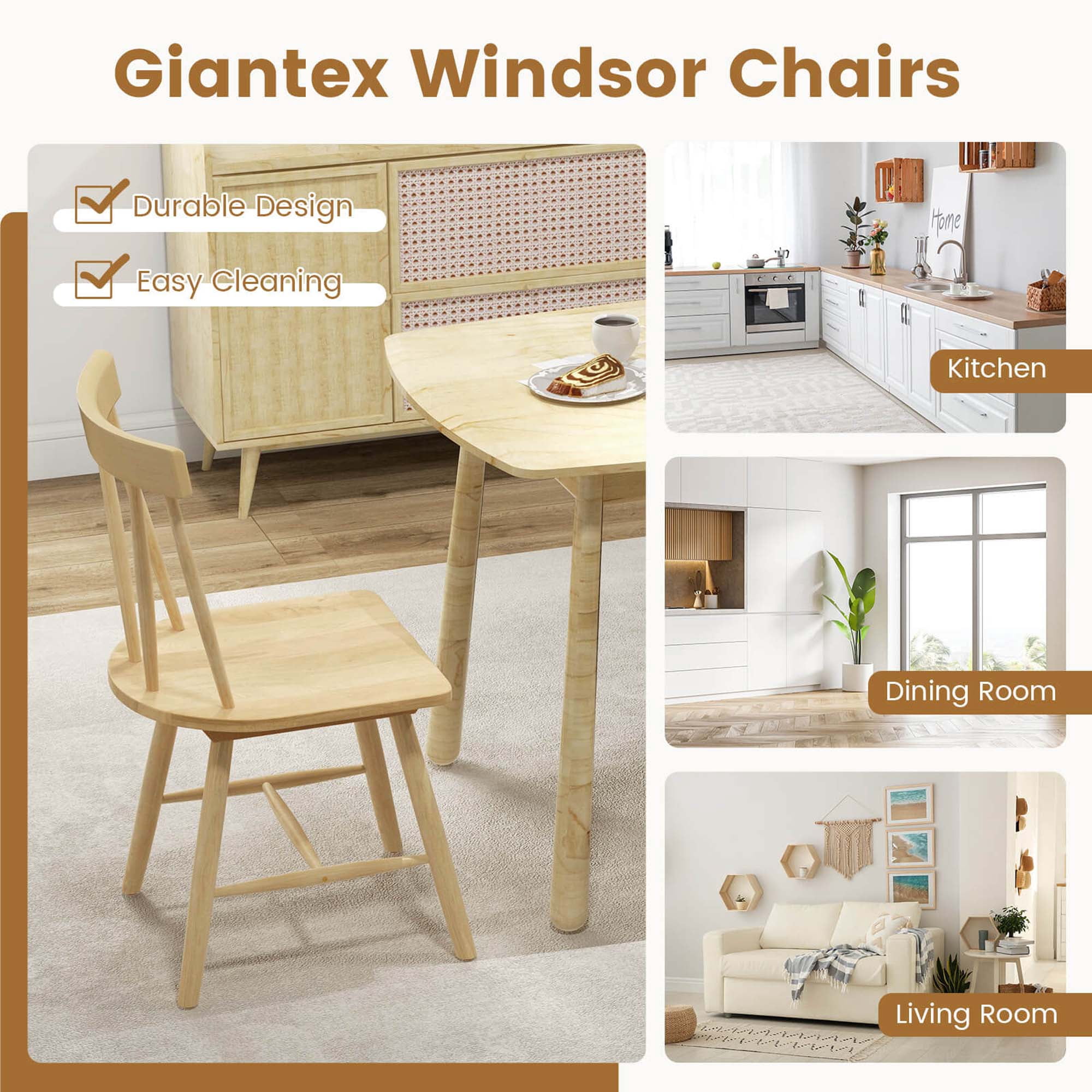 Costway Dining Chairs Set of 2 Windsor Chairs Wood Armless Chairs with Solid Rubber Wood Natural