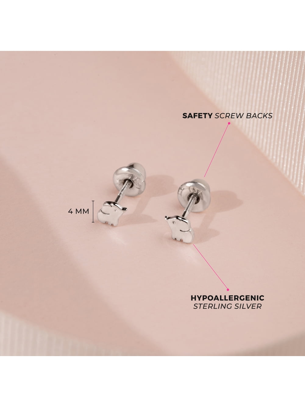 Baby Elephant 4mm Baby / Toddler / Kids Earrings Screw Back - Sterling Silver