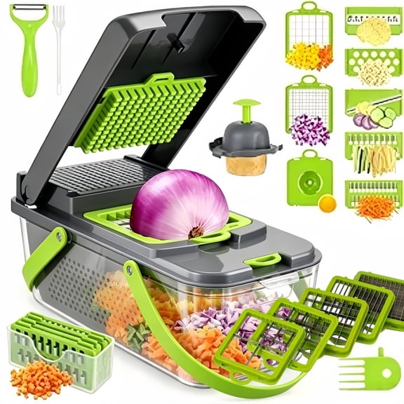 22 in 1 Vegetable Chopper, Multifunctional Food Chopper Vegetable Fruit Cutter Dicer Slicer with 13 Blades, Onion Chopper with Container & Drain Basket