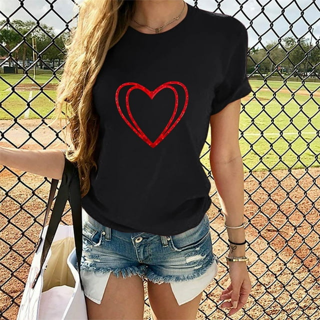 TIMIFIS T-Shirts de la Saint-Valentin pour Femmes Été Décontracté Manches Courtes Col Rond T-Shirt Mignon Imprimé Cœur d'Amour