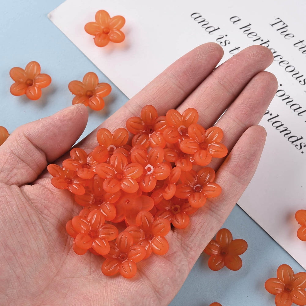 Frosted Acrylic Bead Caps 5-Petal Flower Orange Red 19.5x20x5.5mm Hole: 1.6mm about 740pcs/500g