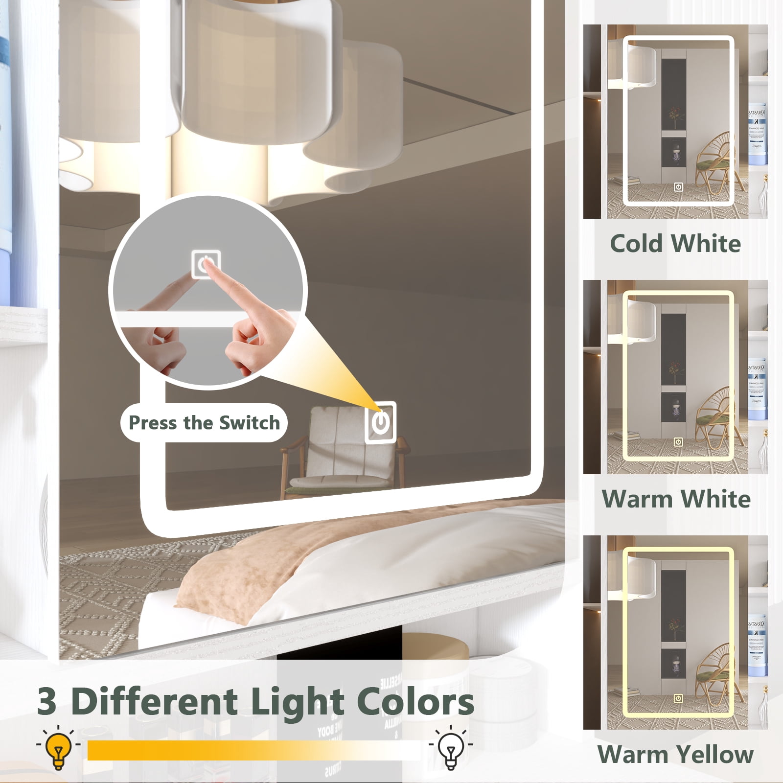 Makeup Vanity with Lights in 3 Colors & Openable Mirror, Vanity Desk with 4 Drawers & 1 Cabinets & Shelves, Vanity Table Rattan Vanity Dresser, for Bedroom, White