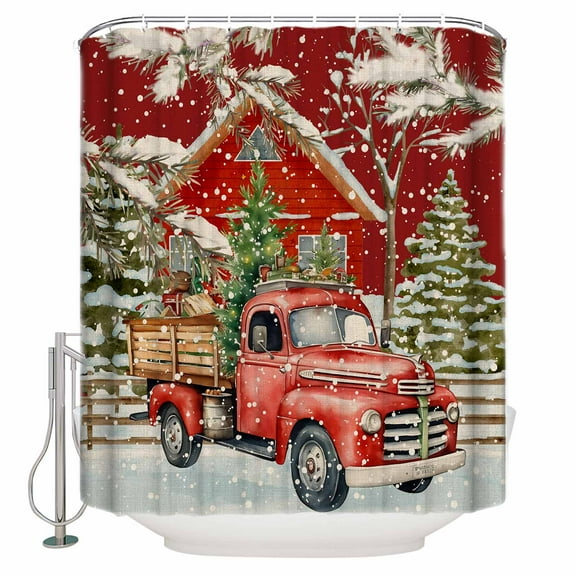 Fabric Shower Curtain, Merry Christmas Xmas Tree Red Truck Barn Snowflake Red Bathroom Curtain with 12 Hooks Waterproof No Bad Odor Machine Washable Bath Curtains for Bathroom, Spa Room, 66"x72"