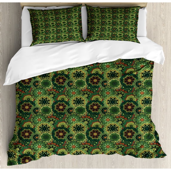 Mandala Duvet Cover Set Queen Size, Overlapping Retro Antique Round Flowers Native African Culture, Decorative 3 Piece Bedding Set with 2 Pillow Shams, Dark Green Pale Green Vermilion, by Ambesonne