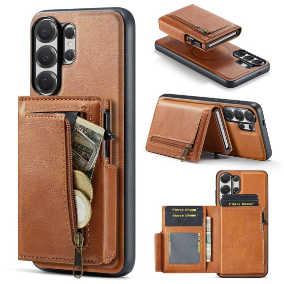 ELEHOLD For Samsung Galaxy S26 Ultra Magnetic Wallet Case, PU Leather 2-in-1 Detachable Card Slots Flip Kickstand Shockproof Cover, Brown