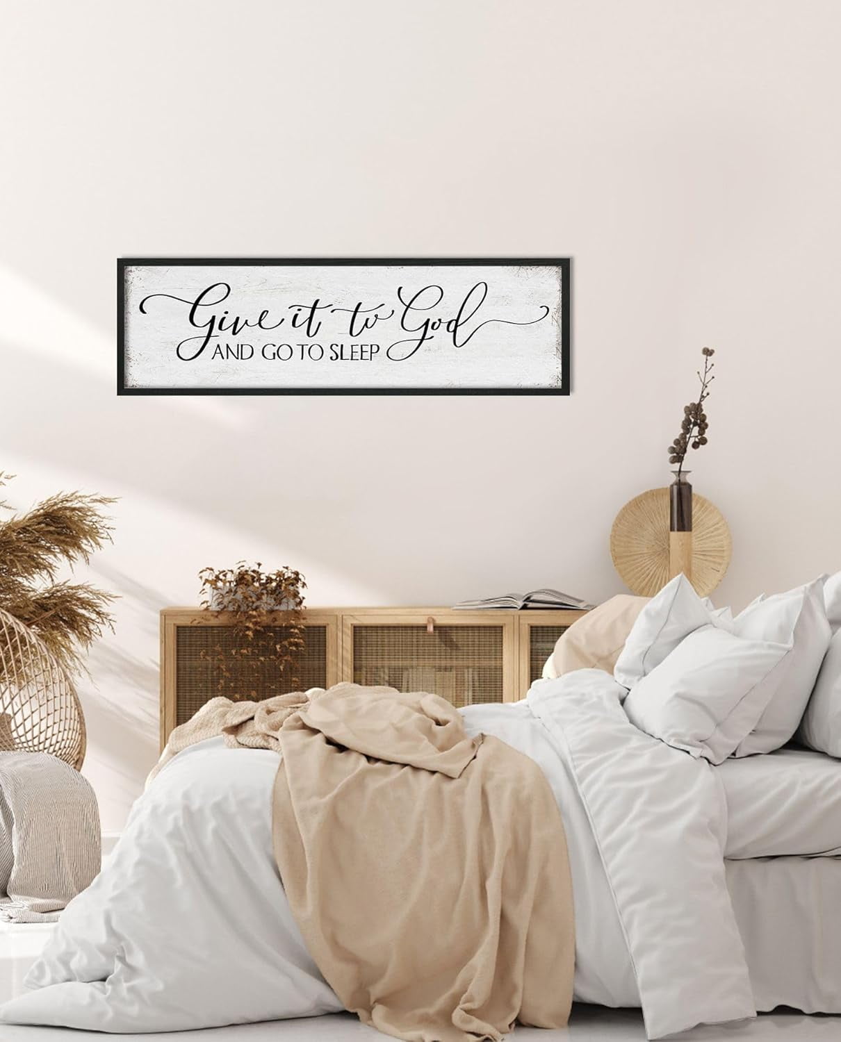 CDDposter Give It to God and Go to Sleep Sign: Farmhouse Bedroom Wall Decor Above Bed Rustic Country Master Bedroom Hanging Decor Framed Country Plaque 12" x 40"