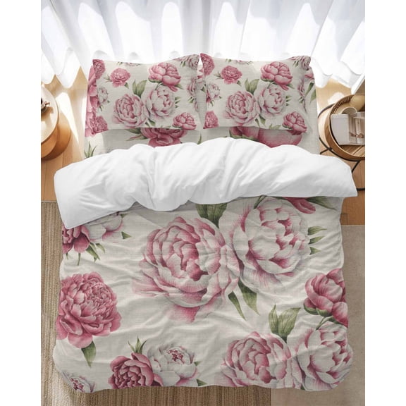 Vintage Pink Flower Bedding Duvet Cover Set King Size 4 Pieces Watercolor Floral Green Leaf Plant Country Bedding Set with Zipper Closure,1 Comforter Cover 92x106 Inches 1 Flat Sheet & 2 Pillow Cases