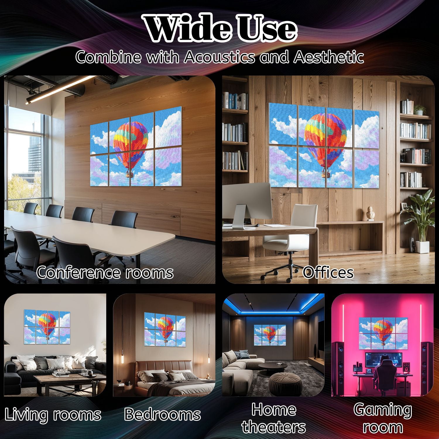 8 Pack Art Acoustic Panels Sound Absorbing Hot Air Balloon Landscape Embroidery Rhinestone Decorative Soundproof Wall Panels Self Adhesive for Nursery Game Room Bedroom 48"x32"