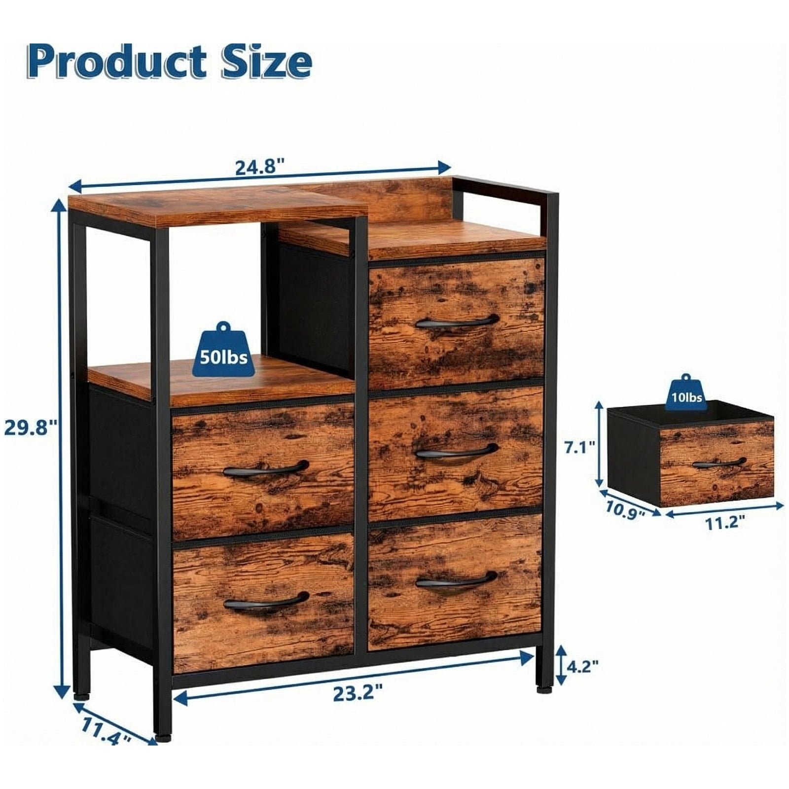 5-Drawer Mobile Lateral File Cabinet Organizer - Open Storage Shelf, Rolling Printer Stand, A4/Letter File Holder, Under Desk Office Storage, Rustic Brown