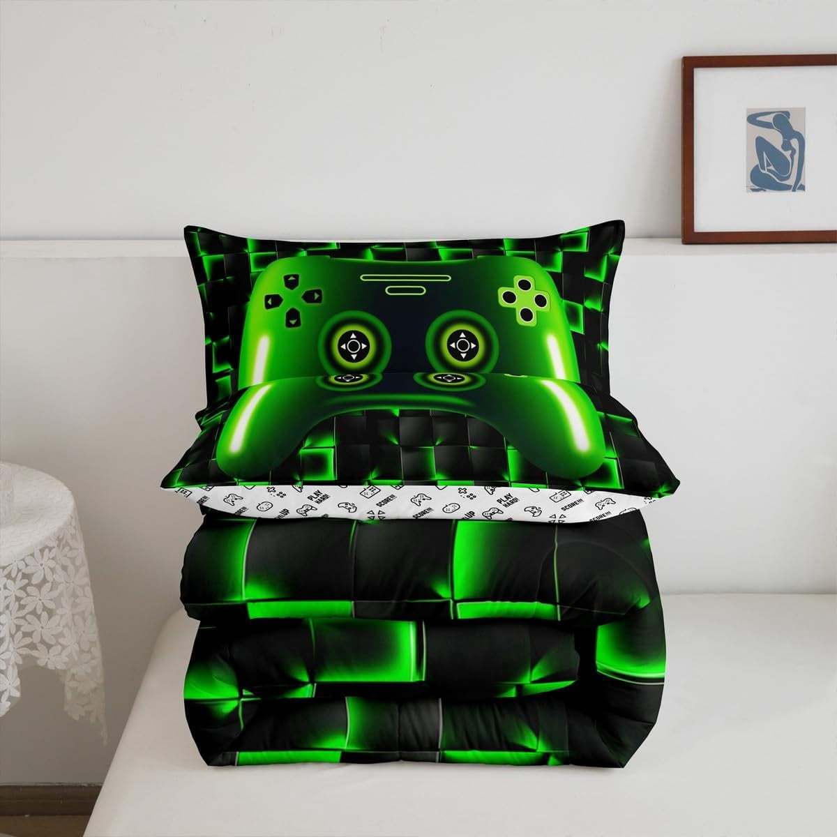 yst Full Size Game Console Comforter Set Gamer Bedding,3D Gaming Geometric Check Lightweight Soft Bedding Sets,Neon Green Gamepad Bed Comforter,Black
