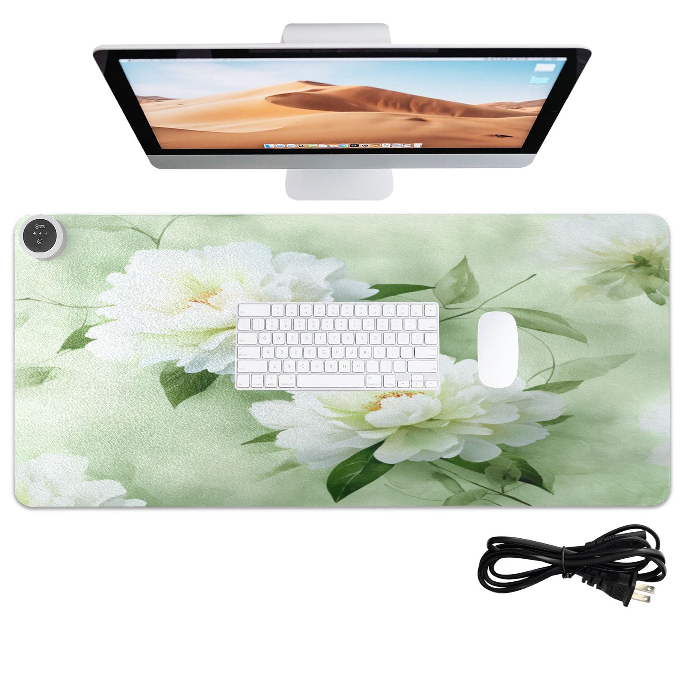 Large Heated Desk Mat Mouse Pad 31.5"x13"PU Leather Graphene Heating Desk Warmer with 3 Temperature Settings 110V US Plug Non-Slip Warm Pad for Home, Office, and Gaming Serene Mint Peony Blooms