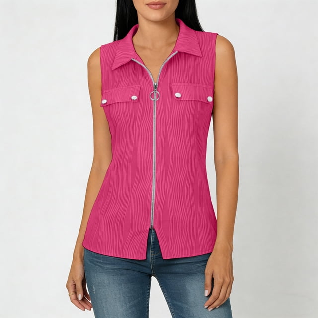 Abcnature Women's Sleeveless Zip Up Shirt Collared V Neck Button Down Blouse Tops Solid Color Ribbed Tank Tops