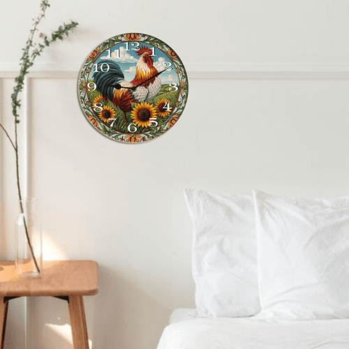Kurmntregon Cute Rooster Wall Clock Chicken Kitchen Wooden Clock For Living Room, Battery Operated Easy To Read Bedroom, Bathroom And Kitchen Housewarming Seasonal Round 10"