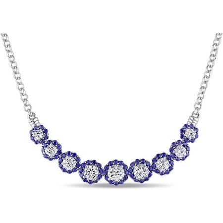 Tangelo 4-3/4 Carat T.G.W. Created White and Blue Sapphire Sterling Silver Multi-Flower Fashion Necklace, 17