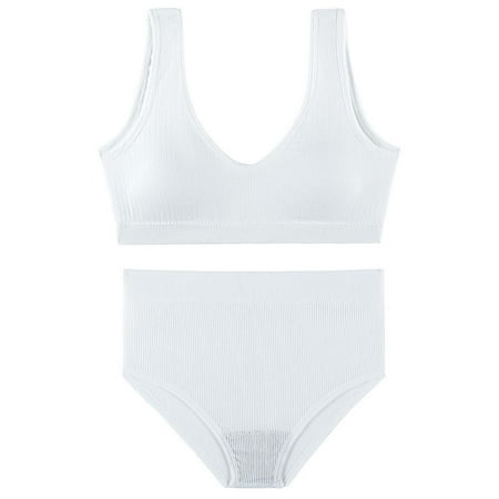 

YWDJ Long Underwear Women Women Vest Underwear Set Steel Ringless Bra Thin Beautiful Back Mid Waist Panties White L