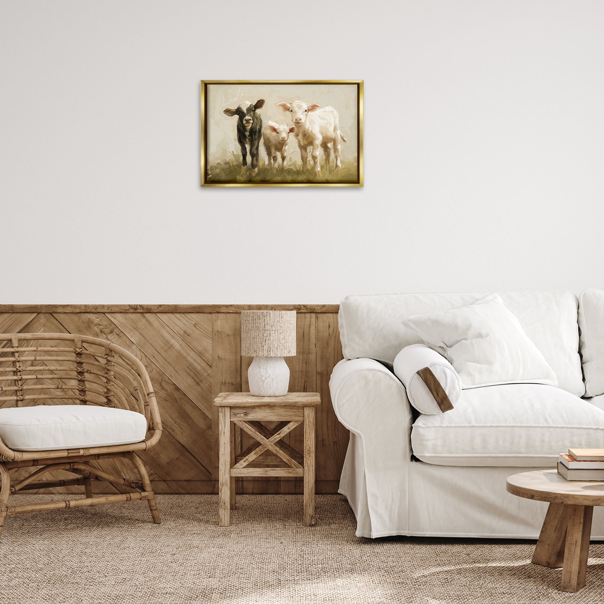 Stupell Industries Baby Cattle Trio Animals Painting Gold Floater Framed Canvas Art Print Wall Art, 25 x 17