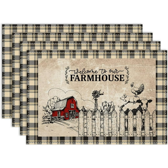 Farmhouse Placemats Set of 4, 12x18 Inch Vintage Rustic Country Barn Cottage Buffalo Plaid Farm Animal Cow Rooster Holiday Table Mats for Party Kitchen Dining Decoration