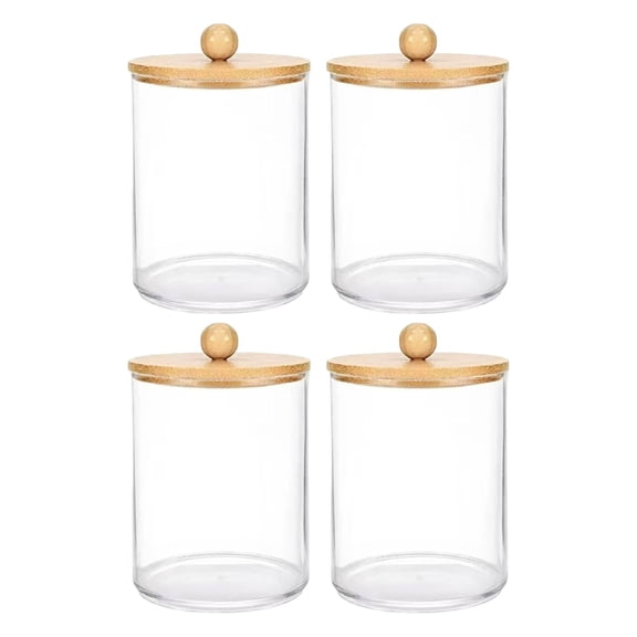 Cotton Swab Holder Bathroom Container, 10Oz Qtip Dispenser Jar with Wood Lid, Clear Acrylic Organizer for Cotton Balls Pads Floss, Vanity Storage for Bathroom Countertop , 4 Cotton Swab Storage Boxes