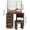 thumbnail image 2 of Rustic Brown Modern Corner Vanity Desk with LED Tri-Fold Mirror, Built-in Charging Station, 5 Rotating Drawers and Storage Bench, Makeup Dressing Table for Bedroom, 2 of 6