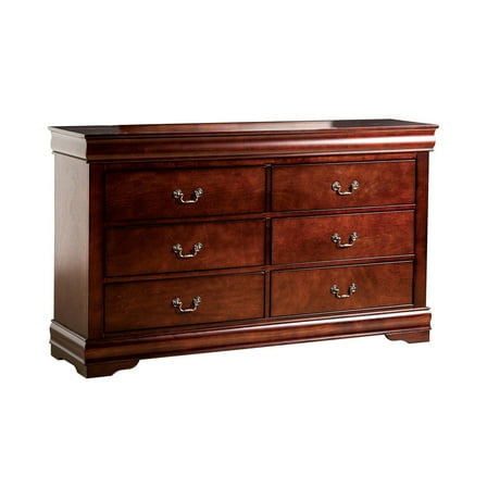 Ryla Wide Dresser, 6 Drawers, Bronze Metal Handles, Cherry Brown Solid Wood