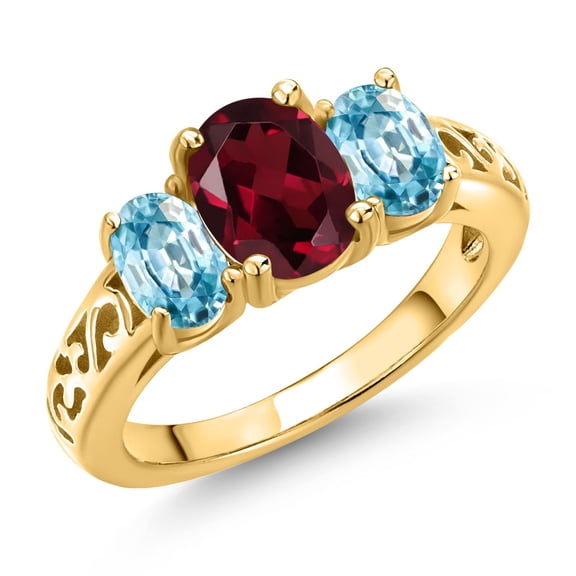 Gem Stone King 18K Yellow Gold Plated Silver Red Rhodolite Garnet and Blue Zircon Filigree Style 3 Stone Ring for Women (2.65 Cttw, Oval 8X6MM and 6X4MM) (Size 7)