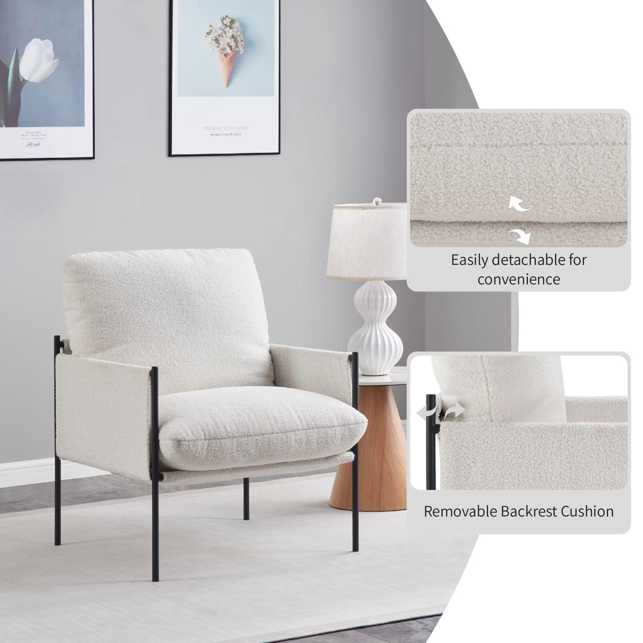 Avobird Modern Accent Chair for Living Room, Bedroom, Office, Vanity Chair with Wood Armrests & Removable Cushion, White