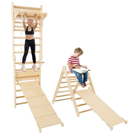 Docred Pikler Triangle Set,7 in 1 Montessori Climbing Set with Slide and Wooden Climber Wall,Foldable Toddler Climbing Toys Indoor,Baby Wooden Play Pickler, Kids Climber,Indoor Playground