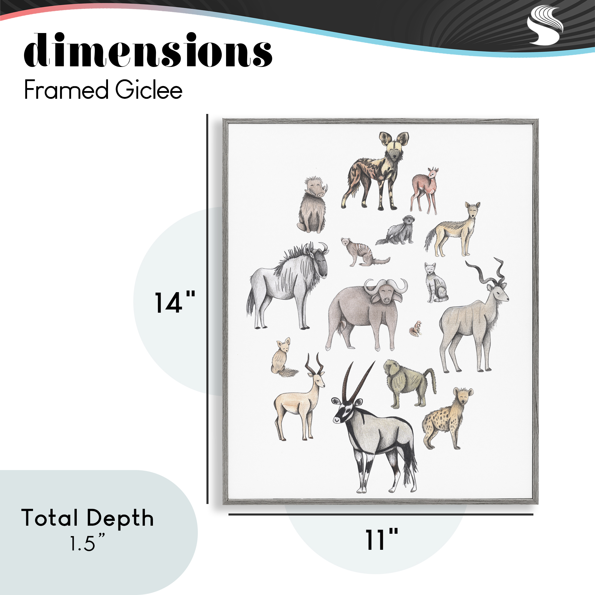 Simple Africa Animals Gray Framed Giclee Art, design by Cecilia Battaini