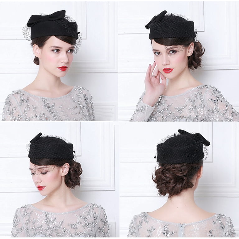 Peaoy Fascinator Hat, Wool Pillbox with Veil, Vintage  display picture 1