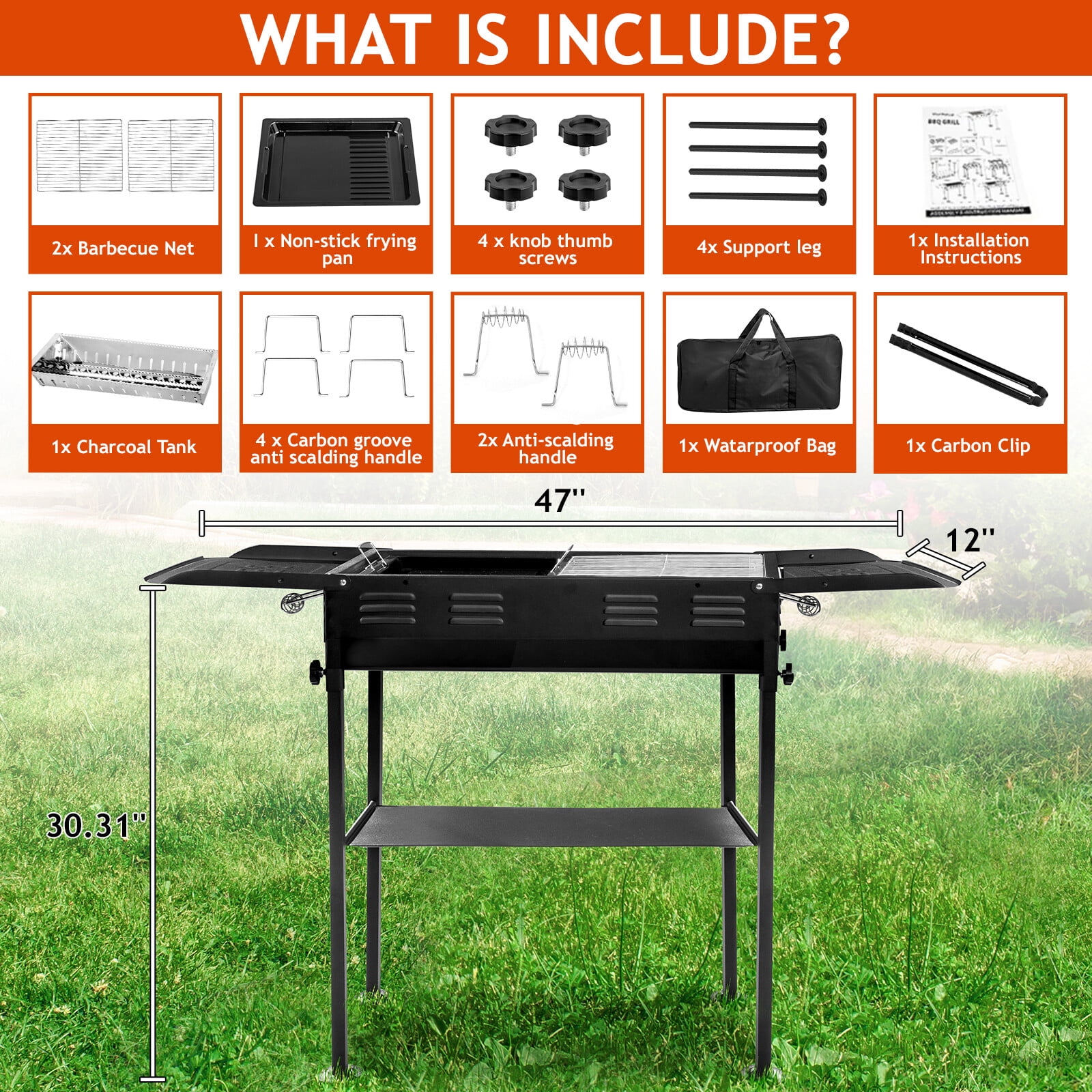 Portable Outdoor Charcoal Grill Foldable Kabob Barbecue Grill w/ Storage Holder