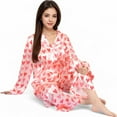thumbnail image 6 of Women's Pink Heart Print Pajama Set with Button-Up Long Sleeve Top and Relaxed Fit Pants- Pink,Small, 6 of 7
