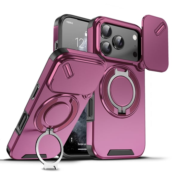 Skyskine For iPhone 17 Pro Case with Tempered Glass Screen Protector, Built-in 360° Magnetic Ring Kickstand, Military Heavy Duty Shockproof Rugged Sliding Camera Lens Cover,Cherryred