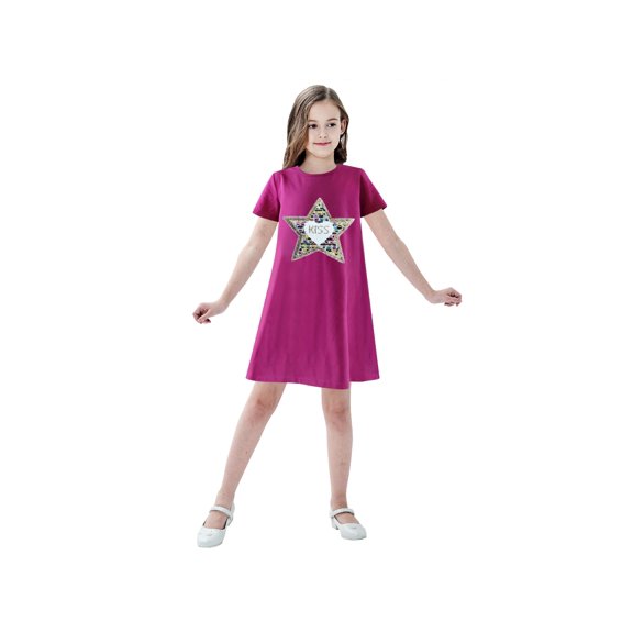 Girls Dress Cotton Casual Star Embroidered Violet Red 4 Years