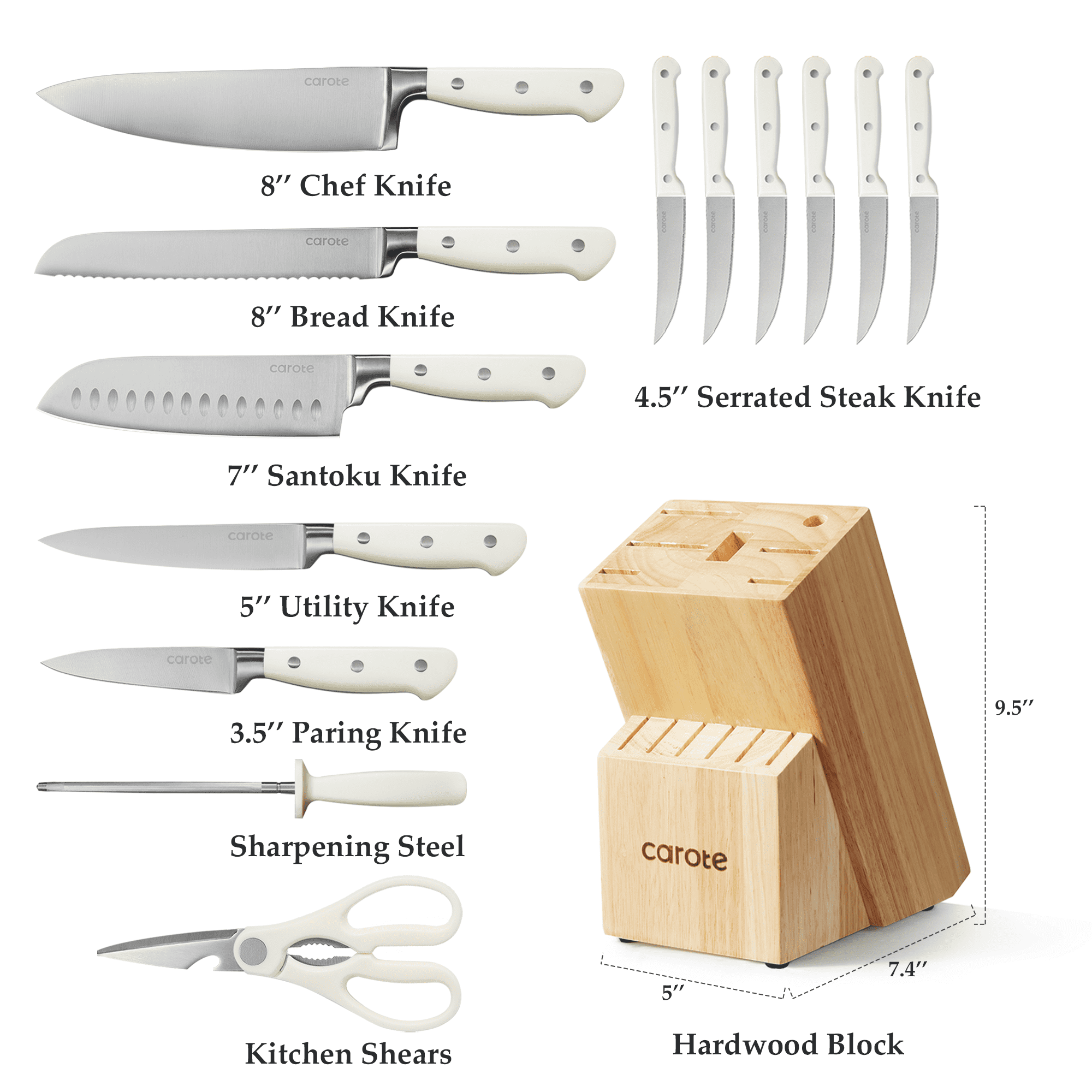 Carote 14 Pcs Knife Set with Wooden Block Stainless Steel Knives with Ergonomic Handle, Forged  (图2)