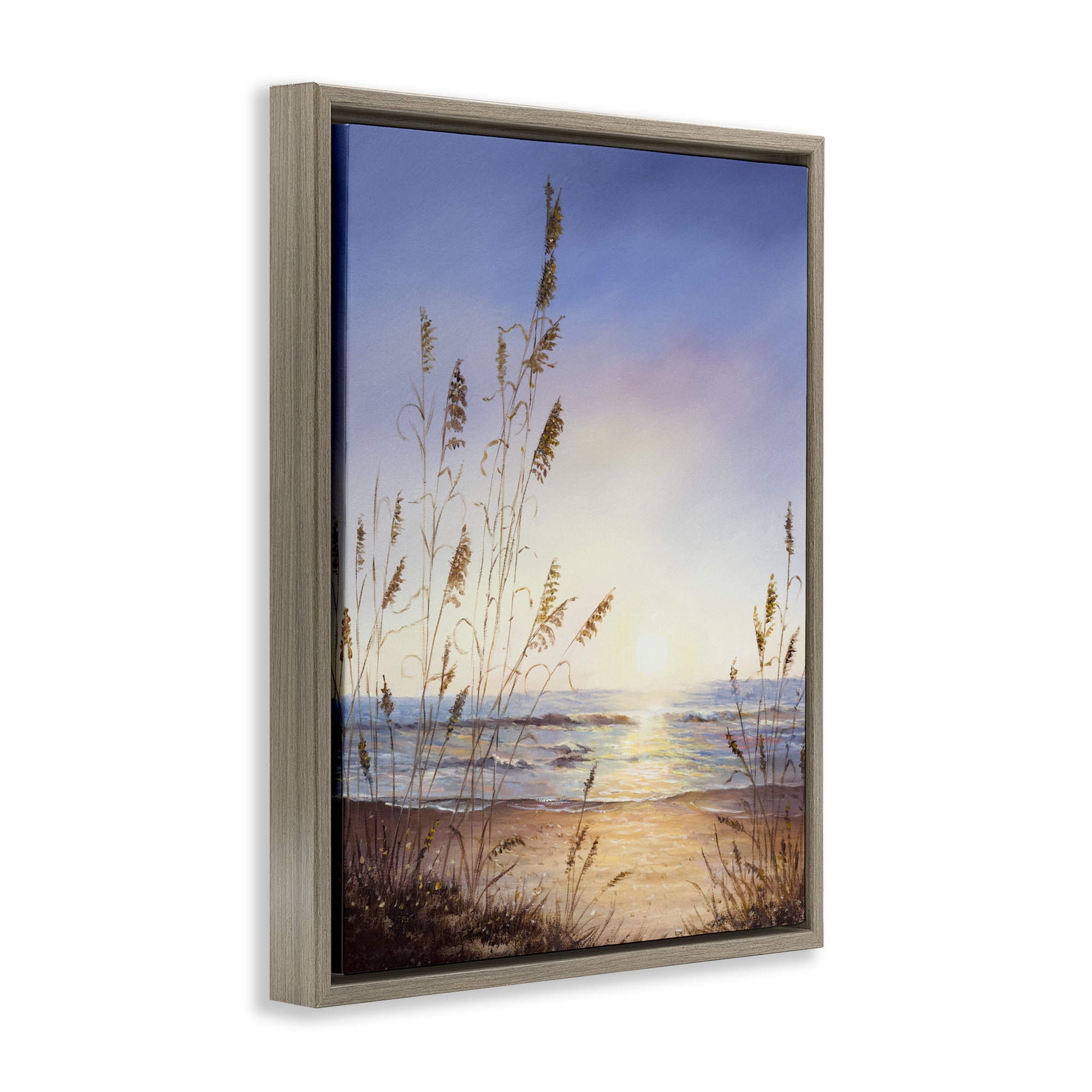 Seascape with Sunlit Grasses Brown Framed Floater Canvas Wall Art, design by Michelle Faber