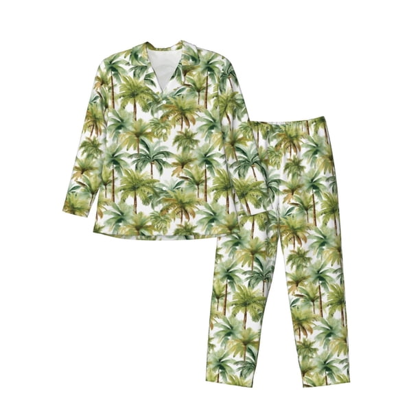 Balery Green Hawaii Palms Pijama para Hombre de Dos Piezas con Manga Larga, Conjunto de Dormir y Descanso Suave con Bolsillos-Small