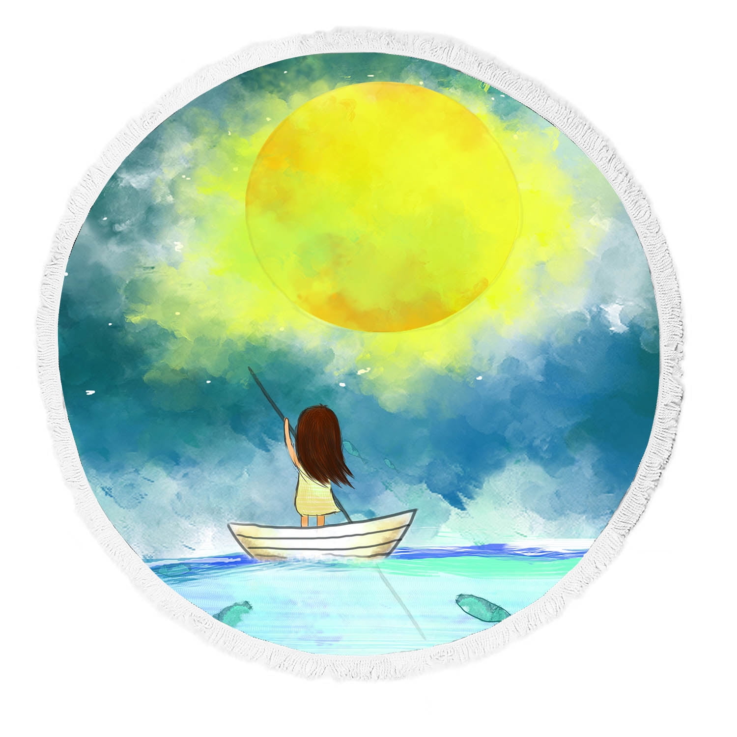 Ykcg Full Moon Sea Ocean Fishes Drawing Of Lonely Girl Sail Boat Round Beach Towel Beach Mats Beach Shawl Beach Blanket With Tassels Beach Throw Towel Yoga Mat Walmart Com Walmart Com