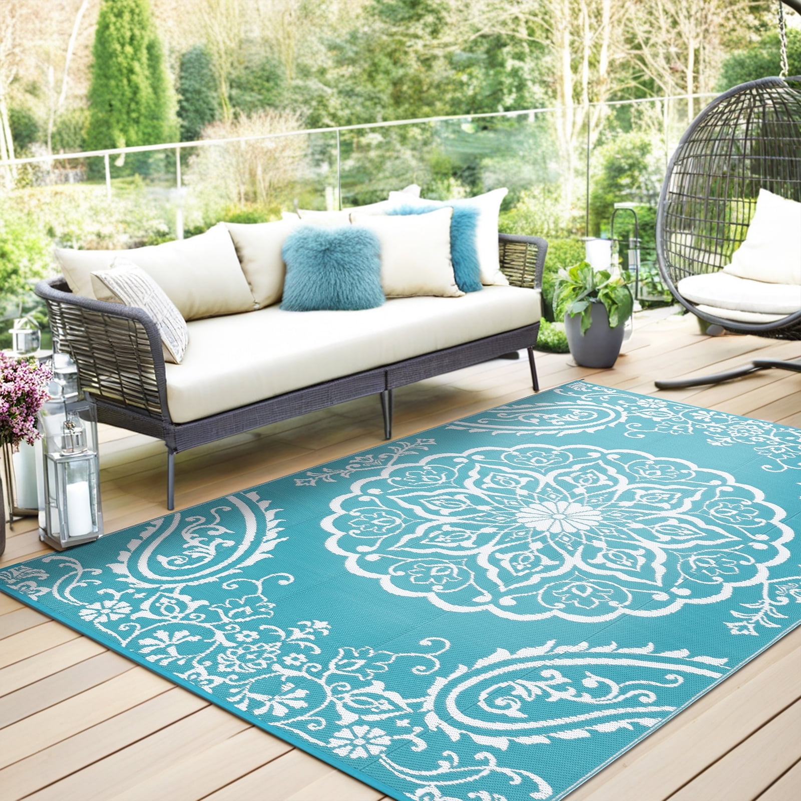 MeyJey 9'x12' Outdoor Rug, Patio Rug Waterproof RV Outdoor Rug Camping Rugs Reversible Plastic Mat for Camping, Balcony Apartment, Patio, Porch, Picnic, Beach, Teal