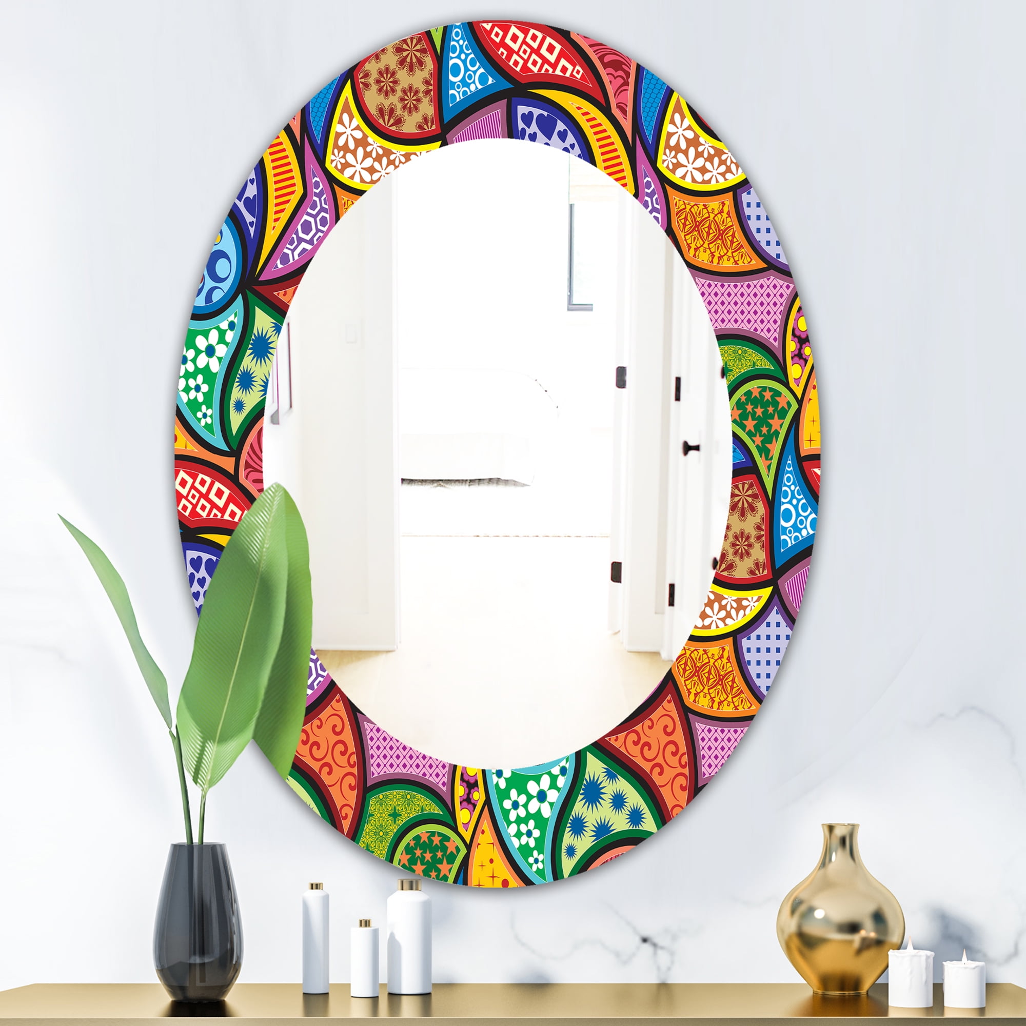 Designart 'Abstract Colorful Pattern' Bohemian & Eclectic Mirror - Oval or Round Wall Mirror