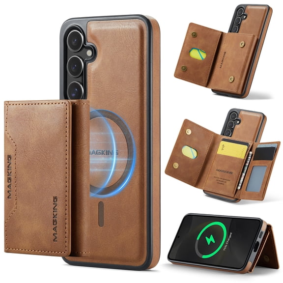 ELEHOLD Wallet Case for Samsung Galaxy S25 FE, Luxury Leather RFID Blocking Flip Stand Wallet Case with 2 in 1 Detachable Card Holder ,Brown