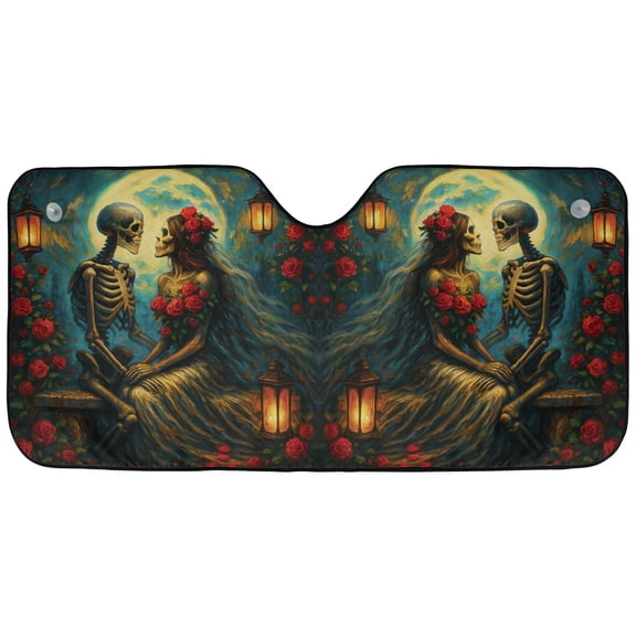Gothic Skeleton Lovers Car Sunshade Romantic Skull Couple with Red Roses Moonlight Art Windshield Sun Shade, Dark Gothic Auto Sun Visor Cover