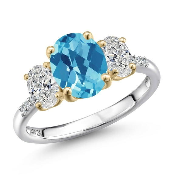 Gem Stone King 925 Silver and 10K Yellow Gold Swiss Blue Topaz and DEF Lab Grown Diamond Engagement Ring for Women | 3.31 Cttw | Oval Checkerboard 9X7MM | November Birthstone | Size 6