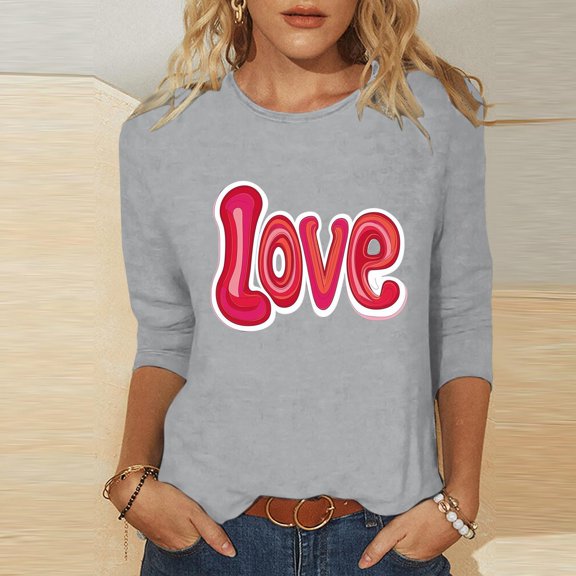 Vetsdori Juniors Valentine Shirts Plus Size Holiday Blouses Summer Gifts for Girlfriend Cute,3/4 Sleeve Trendy Tops for Ladies Crew Neck