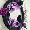 thumbnail image 5 of Halloween Lighted Wreath, Pre-lit Black Wreaths with Rose and Feathered Crow Light Up 20 LED Purple Lights, Natural Vines with Artificial Leaves, Front Door Wall Halloween Decorations, 5 of 6