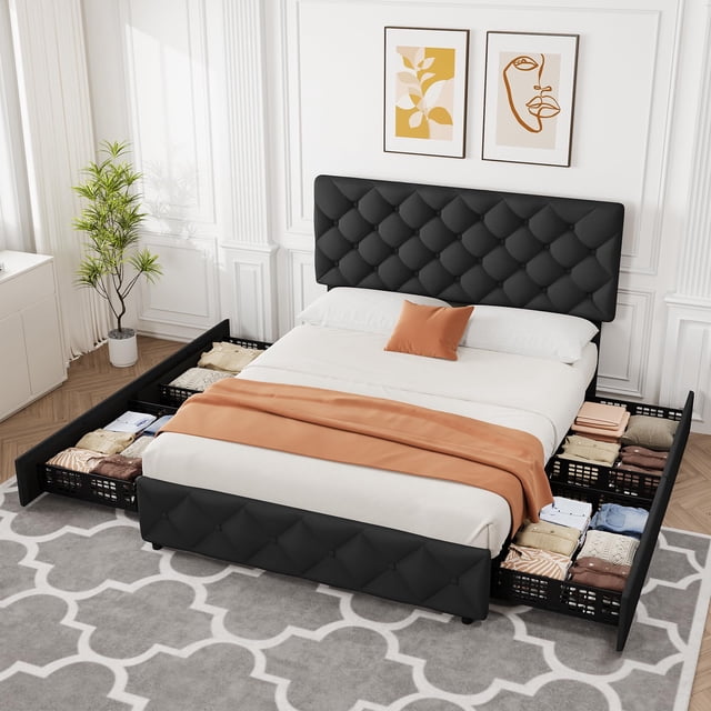 Ourlova Full Black Bed Frame with 4 Storage Drawers and Headboard Linen Upholstered Platform Bed with Wooden Slats Support Diamond Stitched Button Tufted No Box Spring Needed