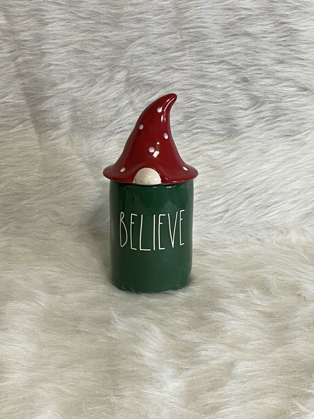 Rae Dunn Green Canister Candle BELIEVE in White LL lettering Gnome