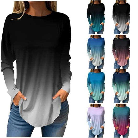 ATOYSOY Womens Blouses Dressy Trendy Long Sleeve Loose Blouse Round Neck Pullover Floral Tunics Tops Crew Neck Sweatshirts Black L